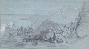陶尔米纳，来自“西西里岛的景色”（蓝纸上的粉笔和水粉） 作者 爱德华·李尔
